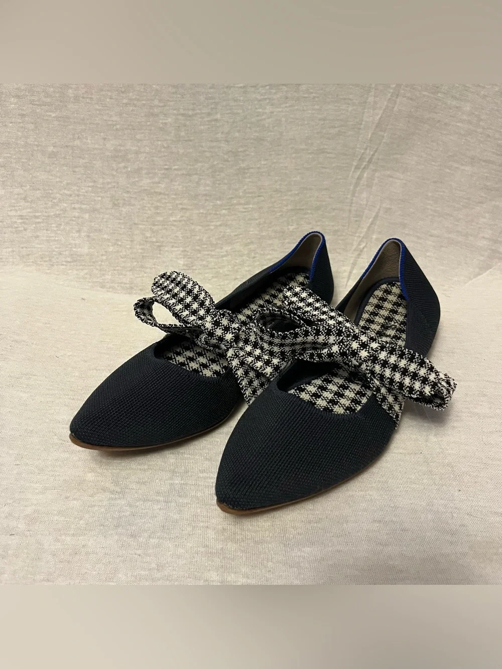 Rothy's The Point Mary Jane Bow Navy Flat with Houndstooth Bow